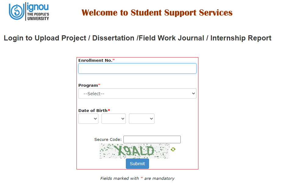 IGNOU Project Fill out information